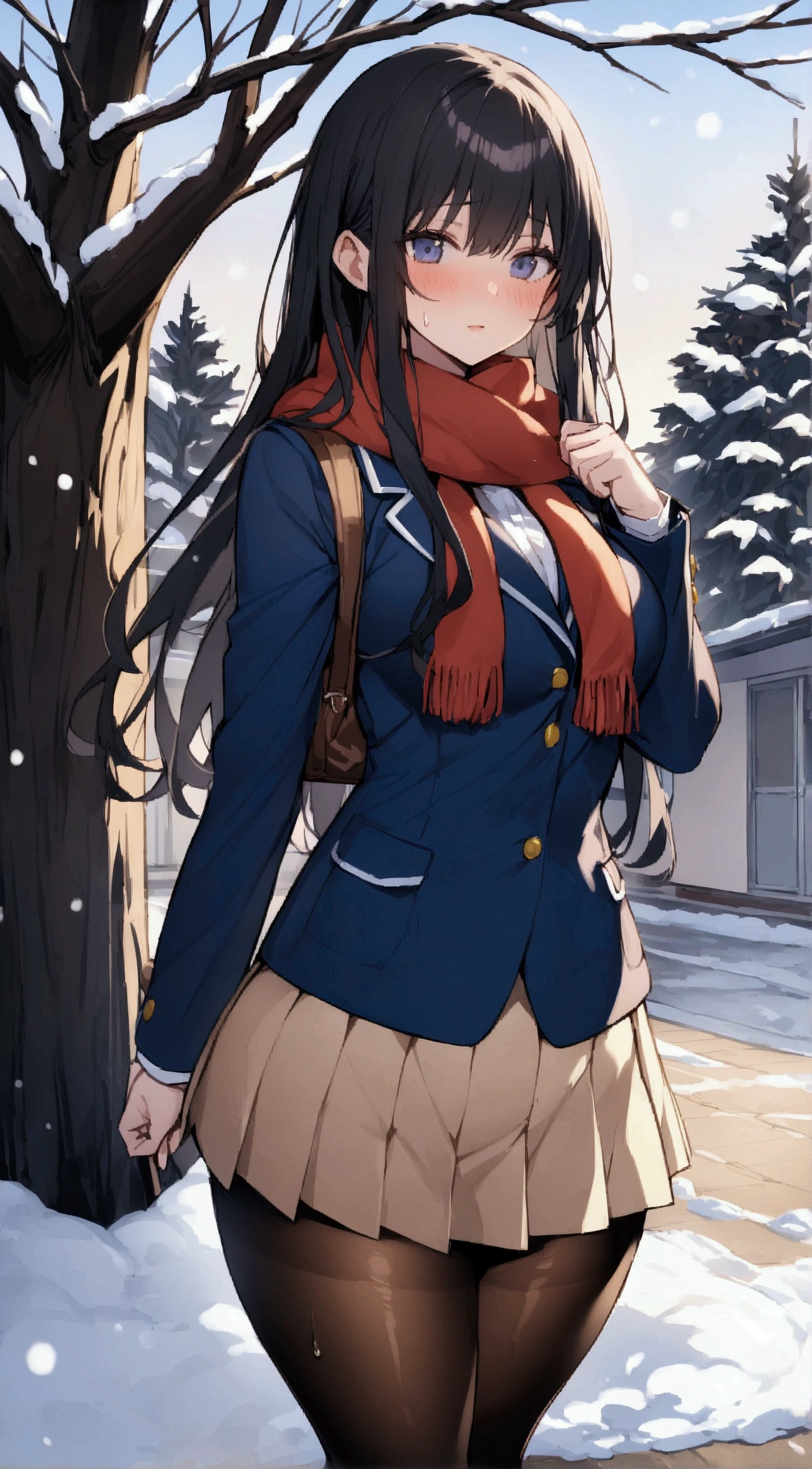 One Woman、beautiful girl、after school、evening、high school girl、Academy、Back of the school building、Schoolyard、winter、Under a big tree、It&#39;s snowing、Snowfall、Blazer uniform、Pleated skirt、Duffle coat、Black Pantyhose、boots、Long Hair、Wearing a scarf、Highest quality,  Thick thighs、Big 、Big Ass、Black Hair、Sweaty pantyhose、Run、前のめりでRun、Anxious face