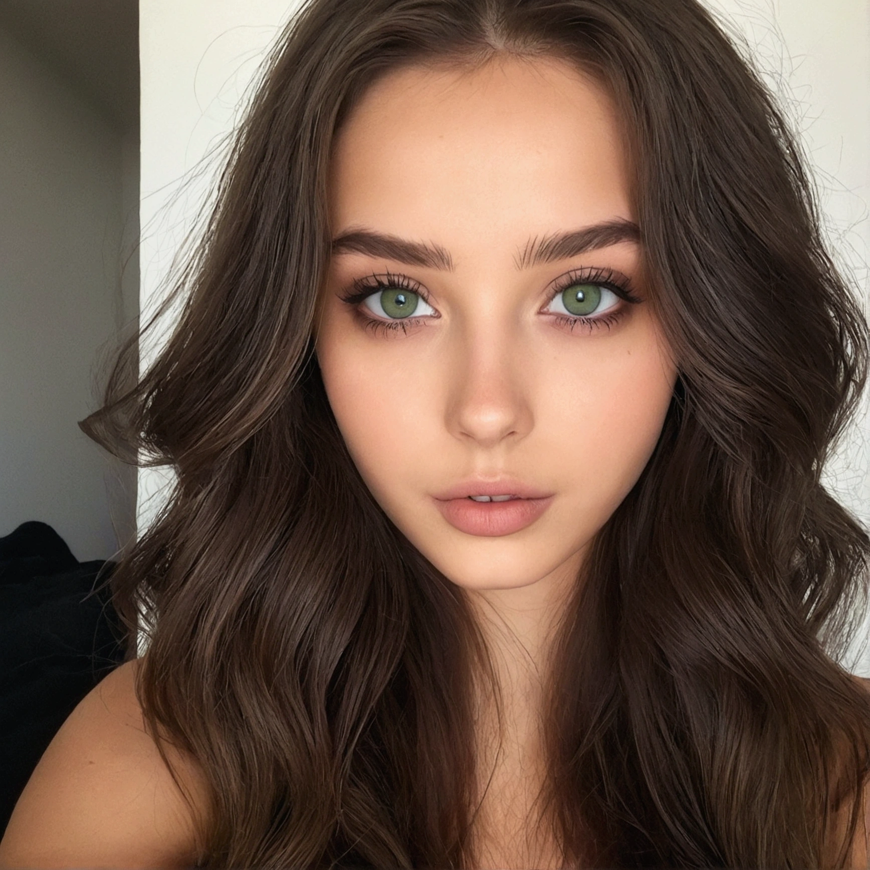 femme arafée avec une doudoune, Fille sexy aux yeux verts, portrait sophie mudd, cheveux bruns et grands yeux, selfie une jeune femme, yeux de la chambre, violette myers, sans maquillage, maquillage naturel, regarder directement la caméra, visage avec artgram, maquillage subtil, stunning tout le corps shot, yeux verts perçants, bel angle, pose attrayante, jolie fille, pose sexy, tout le corps picture, tout le corps, tout le corps shoot, déesse brune, Détails élevés, Pose satisfaite ultra réaliste