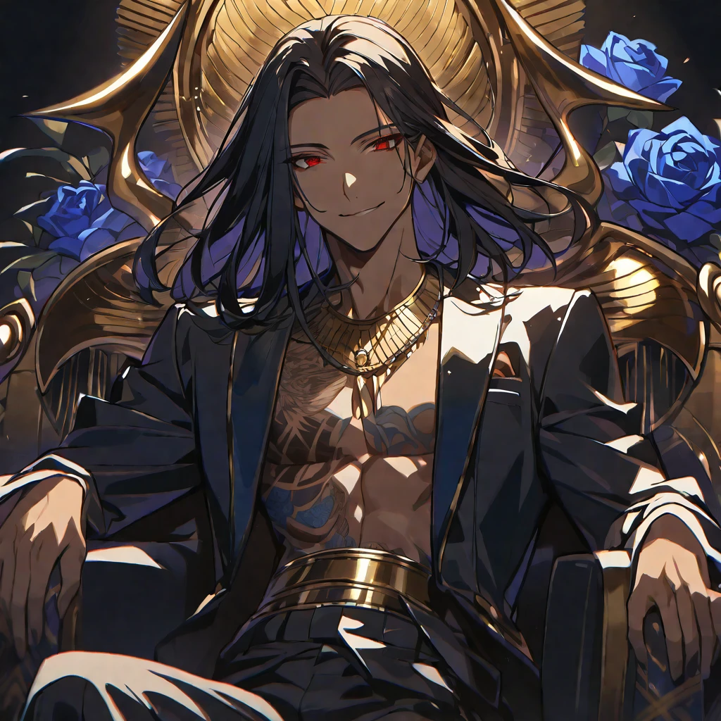 alone,good looking,
1. male,
bangs,Straight hair,Bob Hair,
Black Hair,
Satoru Gojo ,noble,
Red eyes,
beautiful,Sexy,darkness,Gold Necklace,Blue Rose Tattoo,
Black suit ,smile,King of Egypt,Slender,Brown skin,
Black Background ,High resolution, sit,Darkness,devil,Black light,iconSolo, Close-up