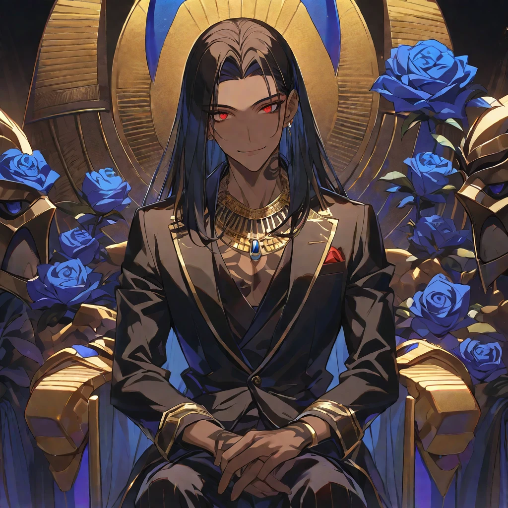 Egyptian 30 years old man, handsome, with brown skin, dark eyes, and long hair down to his waist. He is dressed as a pharaoh and seated on a throne in a luxurious room. Tall and muscular, marked muscles, stocky. Legs crossed. Smug smile. Hot.