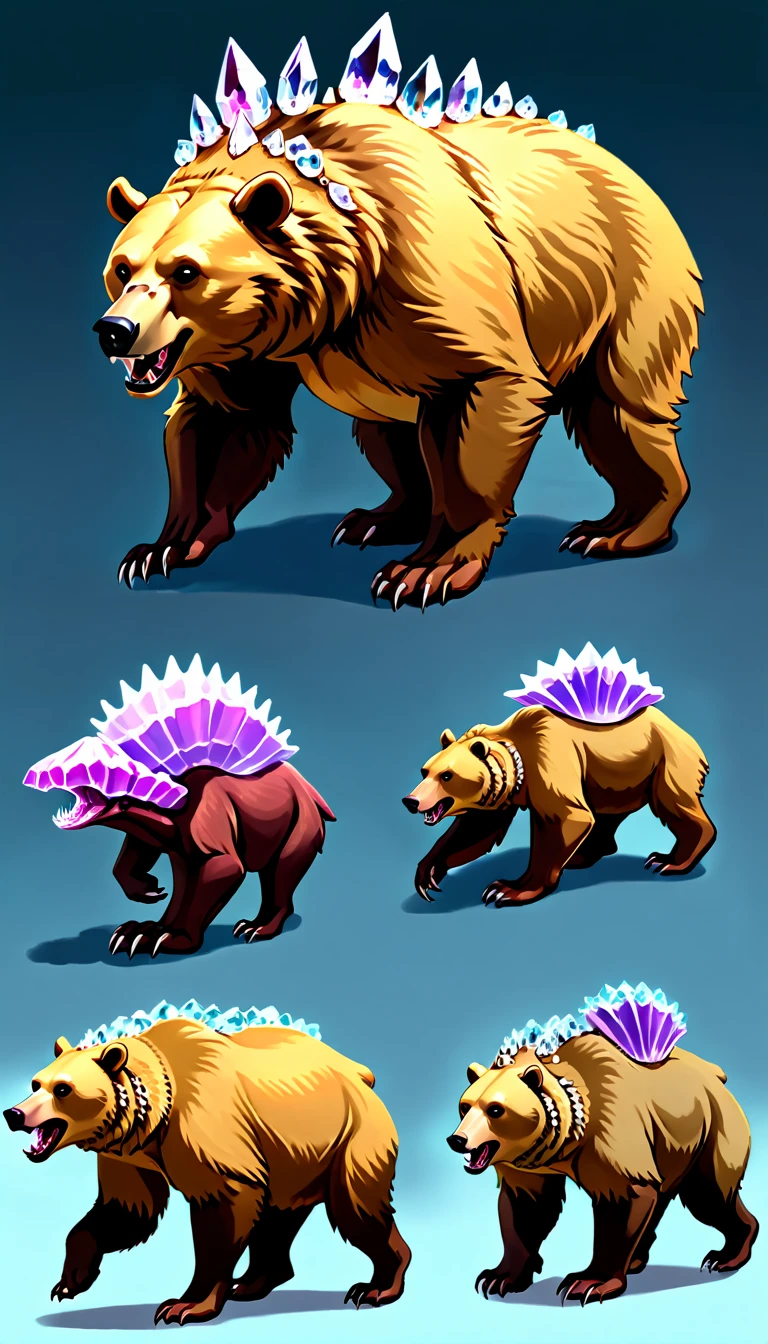 Large Bear Like Creature with large crystals forming a jagged shell atop it's back, fantasy carnivore, fantasy Fauna, imaginative wildlife, concept art, (creature design sheet, multiple views, poses for reference)