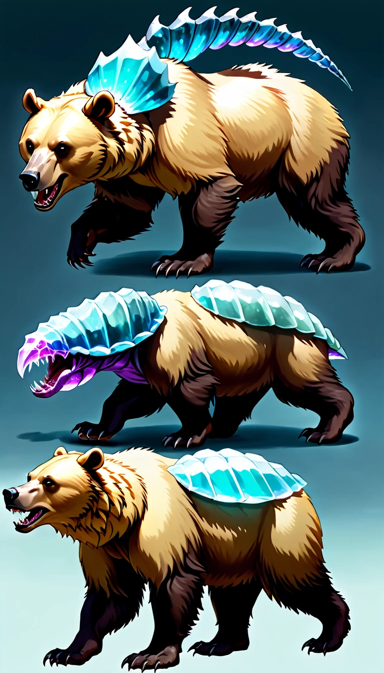 Large Bear Like Creature with large crystals forming a jagged shell atop it's back, fantasy carnivore, fantasy Fauna, imaginative wildlife, concept art, (creature design sheet, multiple views, poses for reference)