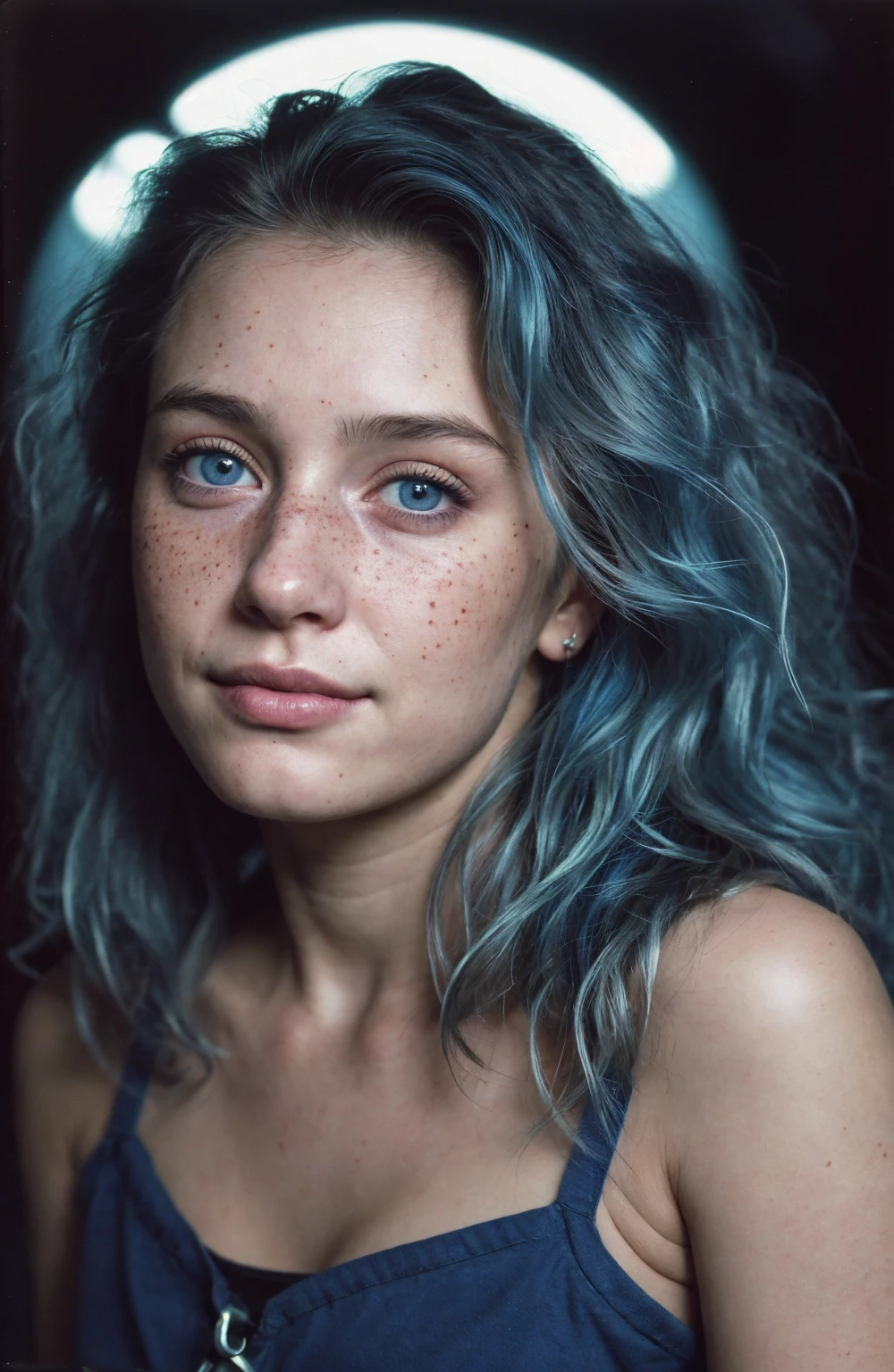 (Close-up, editorial photograph of a 21 year old woman), (highly detailed face:1.4) (smile:0.7) (background inside dark, moody, private study:1.3) POV, by lee jeffries, nikon d850, film stock photograph ,4 kodak portra 400 ,camera f1.6 lens ,rich colors, hyper realistic ,lifelike texture, dramatic lighting , cinestill 800, wavy hair, messy hair, curls, 80s hairstyle, Mischievous smirk, Blue hair, Blue Eyes, freckles, White Skin, Sci Fi, Spaceship, Cyberpunk, Futurism, Military Uniform, Technocratic Union, Astral Plane, European expressions, European woman, European skin