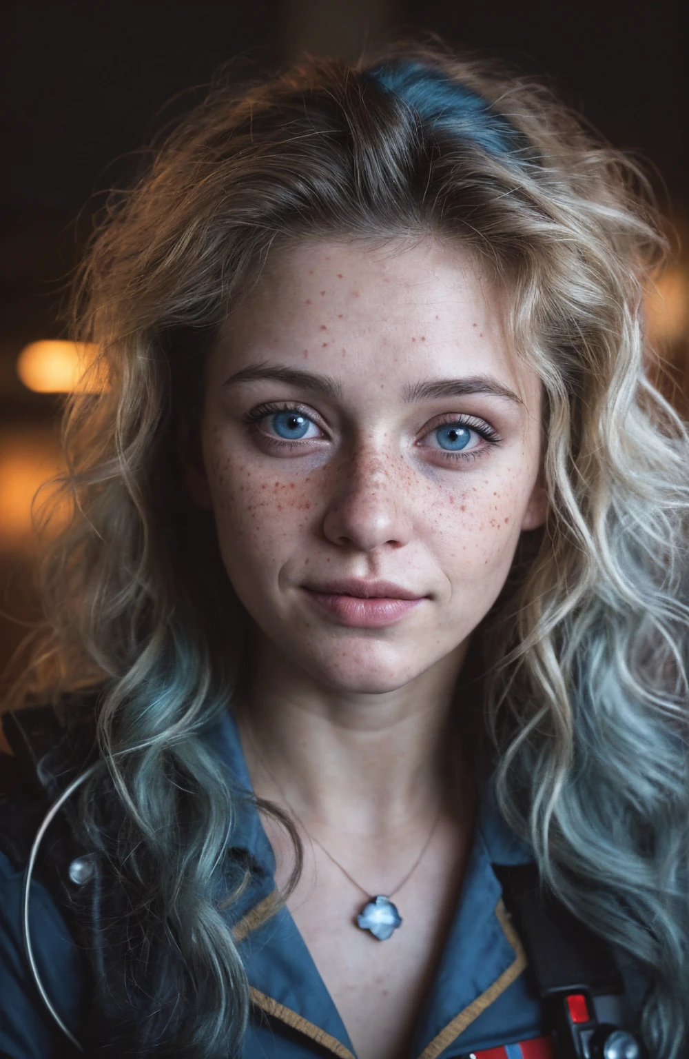(Close-up, editorial photograph of a 21 year old woman), (highly detailed face:1.4) (smile:0.7) (background inside dark, moody, private study:1.3) POV, by lee jeffries, nikon d850, film stock photograph ,4 kodak portra 400 ,camera f1.6 lens ,rich colors, hyper realistic ,lifelike texture, dramatic lighting , cinestill 800, wavy hair, messy hair, curls, 80s hairstyle, Mischievous smirk, Blue hair, Blue Eyes, freckles, White Skin, Sci Fi, Spaceship, Cyberpunk, Futurism, Military Uniform, Technocratic Union, Astral Plane, European expressions, European woman, European skin