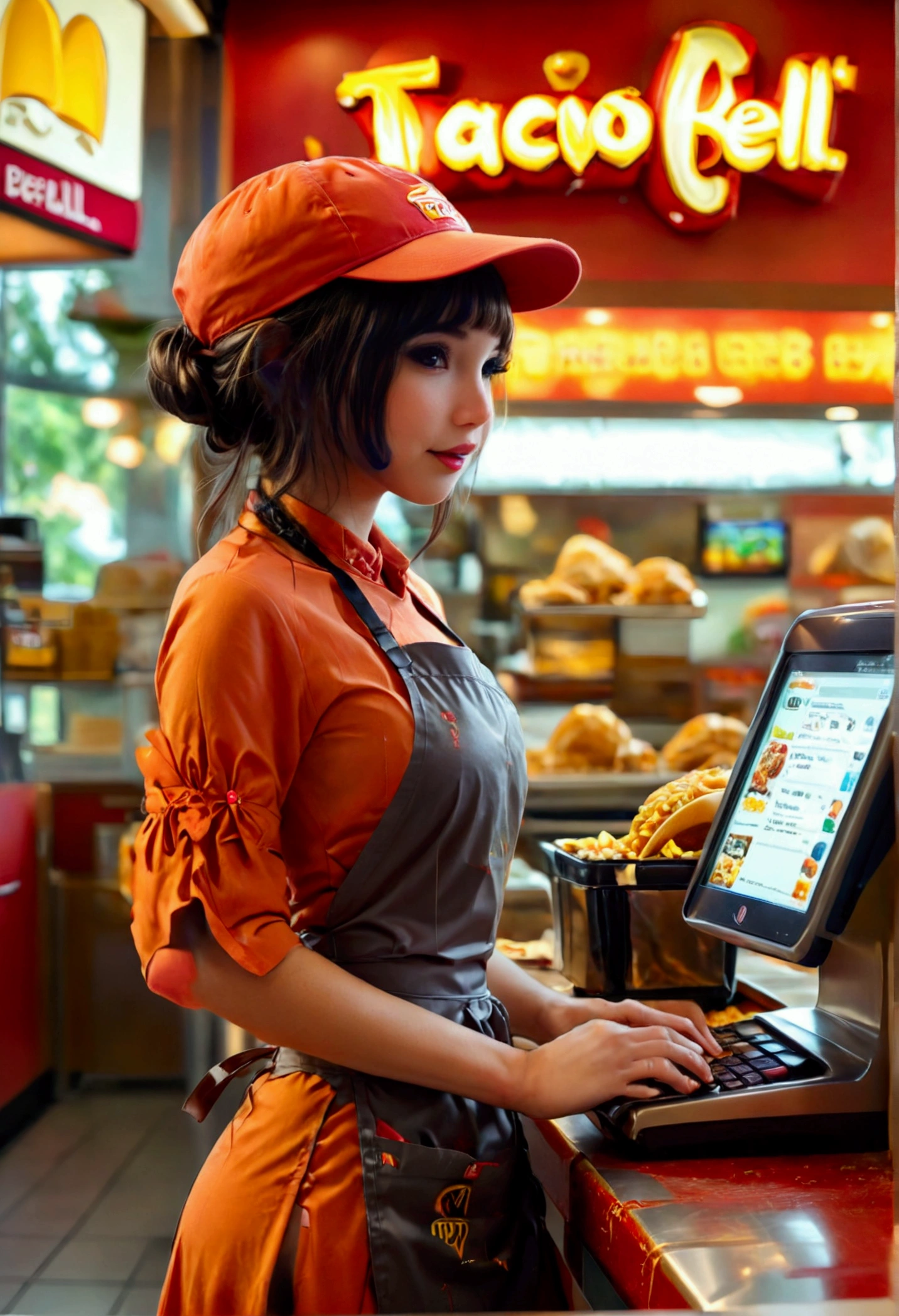 An android fast food worker.(cute naked woman, apron and cap, awkward happy poses), is working at the cash register in &#39;Taco Bell&#39;, certificate, busy