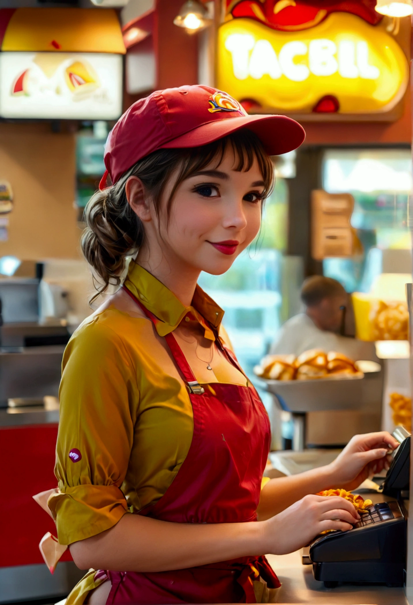 An android fast food worker.(cute naked woman, apron and cap, awkward happy poses), is working at the cash register in &#39;Taco Bell&#39;, certificate, busy