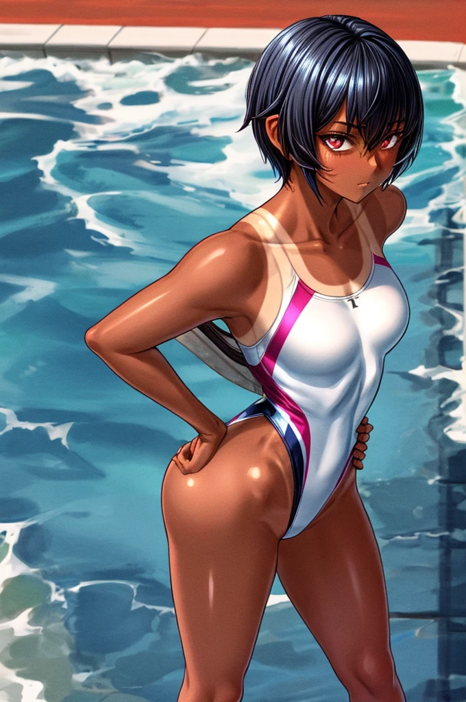 best quality, high quality, ultra quality, Absurd:1.5, BREAK 1人の女の子, 18_ years_ old, tomboy, BREAK (muscle:0.5), (Black Hair, Pixie Cut Tan, Sunburn lines, Dark skinned women, Dark Skin:1.3), (gigantic 胸:1.5, beautiful detailed eyes), shiny hair, shiny skin, oily skin, super detailed skin, perfect hands, BREAK ((competition swimsuit)), (pleased:1.2), (1girl standing, cowboy shot:1.3), (contrasted, One hand on hip:1.5), outside, beach, evening, (ass pov), (from above, high angle, looking ahead:1.5), 