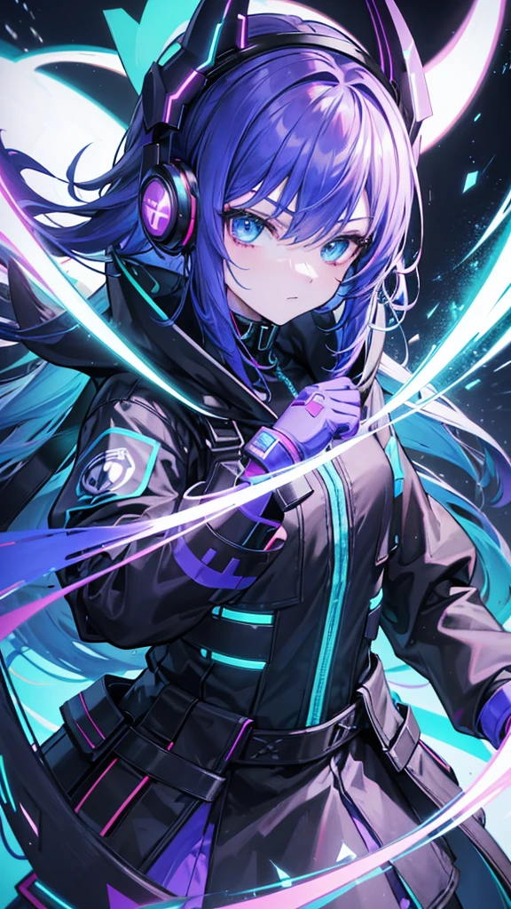 "Create a vibrant and dynamic avatar for a VTuber focused on gaming. The character should be a young adult with a stylish and futuristic gamer aesthetic. They should wear a sleek, high-tech outfit with neon accents, reminiscent of a sci-fi video game world. The avatar should have expressive facial features, bright colored hair (like blue or purple), and accessories such as headphones, gaming gloves, and a visor. The background should be an immersive, virtual gaming environment with elements like holographic screens, game icons, and vibrant lighting. The overall design should convey energy, excitement, and a passion for gaming."
