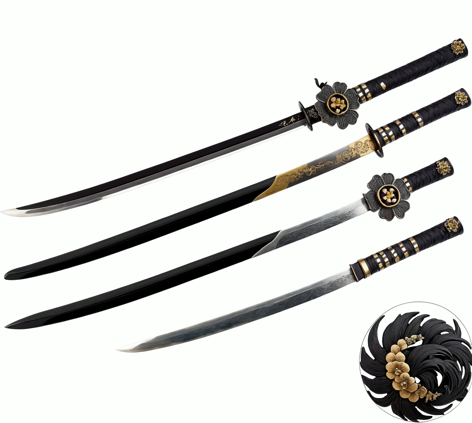 Black katana, with the Sacuanjoche flower-shaped Tsuba and the purple hilt 