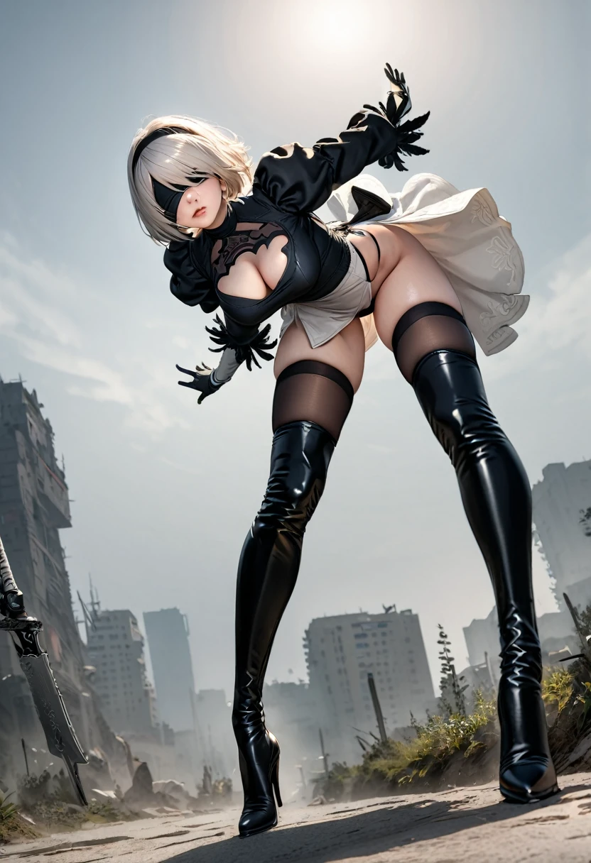 1girl,18yo,good anatomy, masterpiece, best quality,realistic, hyperrealistic, 16k hdr,,(NieR:Automata,2B),black blindfold,black hair band,choker,White High Leg,thigh high boots,Blake Black Skirt,black thigh high socks,Knee-high boots,Cleavage cut,cutting of clothes,high heels,long sleeve,bob cut,silver hair, large breasts,cameltoe,gorgeous panty,dynamic pose,spread legs,outdoor,strong wind,,thong,leaning forward,from below,erected nipples,sexy pose