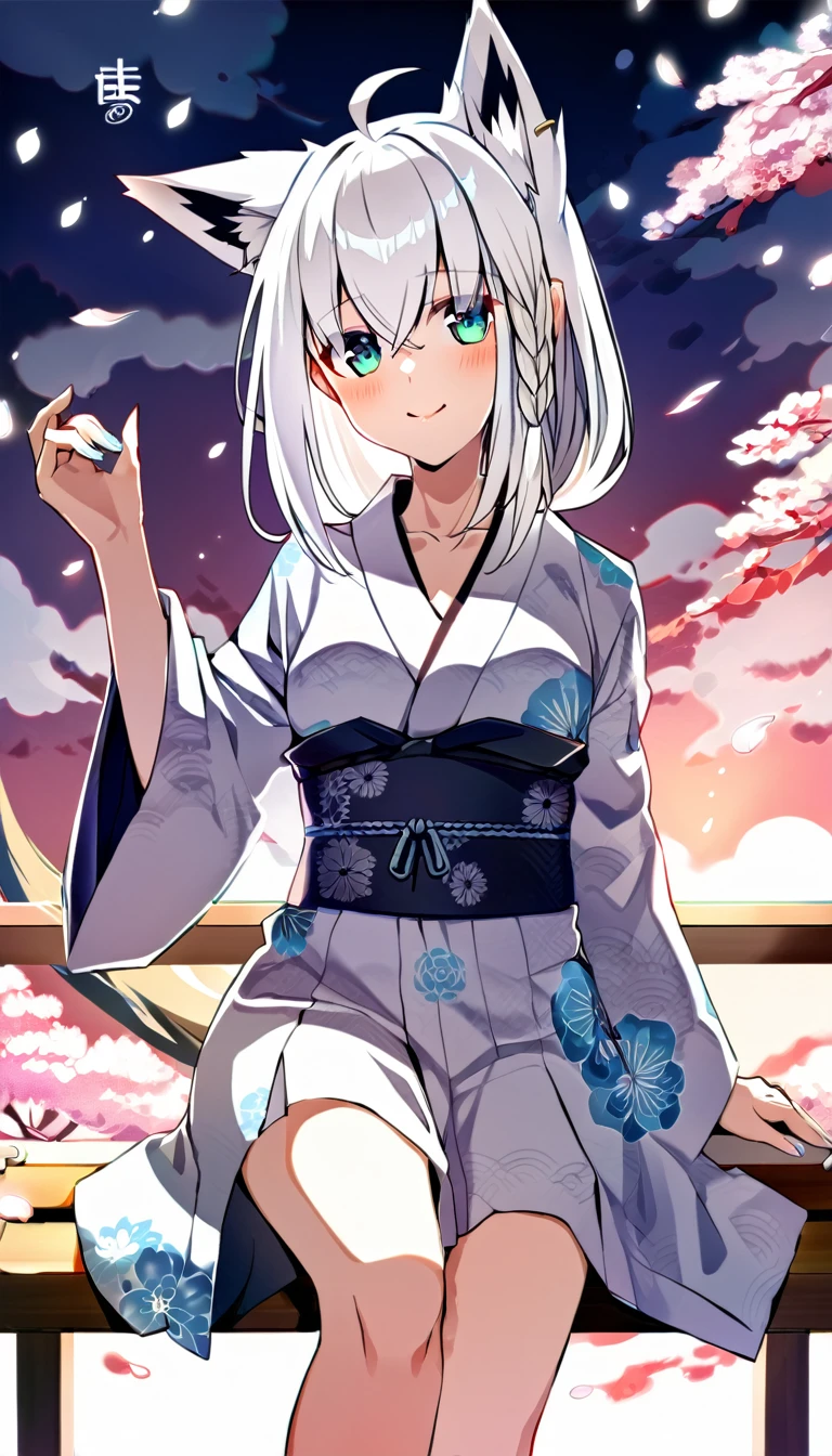 one girl, Shirakami Fubuki, fox ears, white hair, yukata, cute, beautiful