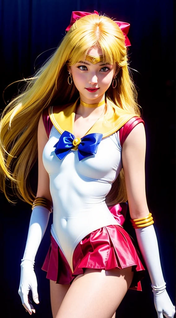 ((masterpiece:1.4)、(Highest quality:1.4)、(Realistic:1.7))、Masseter muscle area:1.4、Beautiful girl、(Sailor Moon:1.4)、tsukino usagi、Body Fit Sexy Sailor Warrior Uniform、(Latex Gloss)、(The jacket is a white sleeveless sailor suit.)、(The skirt is a sexy super miniskirt in blue.)、The collar of the sailor suit is blue.、There are two thin lines.、High leg swimsuit、Red cloth decoration on chest、(wearing white gloves)、pretty girl、Super Beauty、Sharp focus、Portrait Photography、Upper body photo shoot:1.4、Beautiful expression、Beautiful Eyes、Tight waist、(Yellow Hair:1.4)、(Hair length:1.2)、RAW Photos、Red lips、Red High Heels:1.4、choker:1.4、necklace:1.4、耳Nipple Ring:1.4、A gorgeous golden tiara on her forehead:1.4、1 Screen Display、Outdoor Scenery