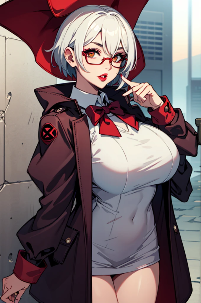 Rogue, extreme, short hair, big breasts, cowboy shot, Red bow, jacket, parted Lips, Glasses, Lips, make up, sunGlasses, Lipstick, red Lips, tinted glasses