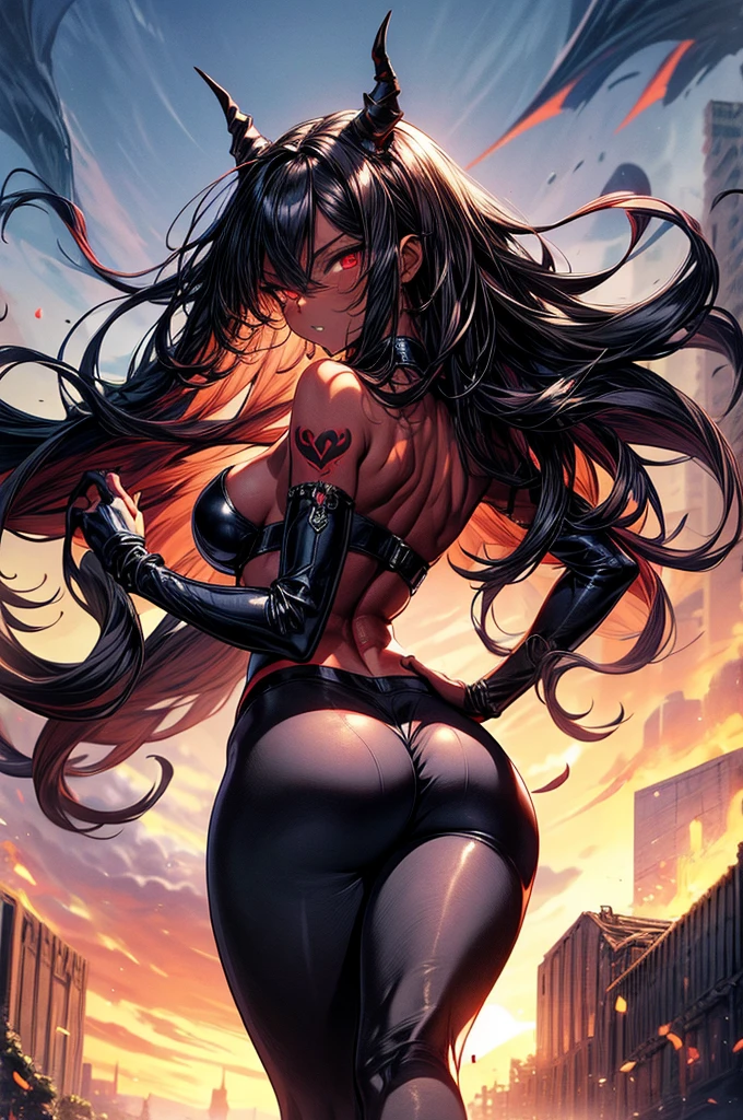 masterpiece, super detailed, high resolution, precision art, highly seductive anime girl. sexy and alluring, flawless dark red demonic skin, succubus, symmetrical face, beautiful olive eyes, flowing black hair, her very presence oozes seduction and allure, S-shaped body, black onyx colored horns jutting out her forehead, heart shaped tail protruding from her back, sexy and arousing slender and thin yet chiseled with enticing breasts, intricate and beautiful heart shaped tattoo engraved on her stomach, wearing spaghetti strap crop-top and form-fitting leggings that accentuate her round ass, hip-level shot