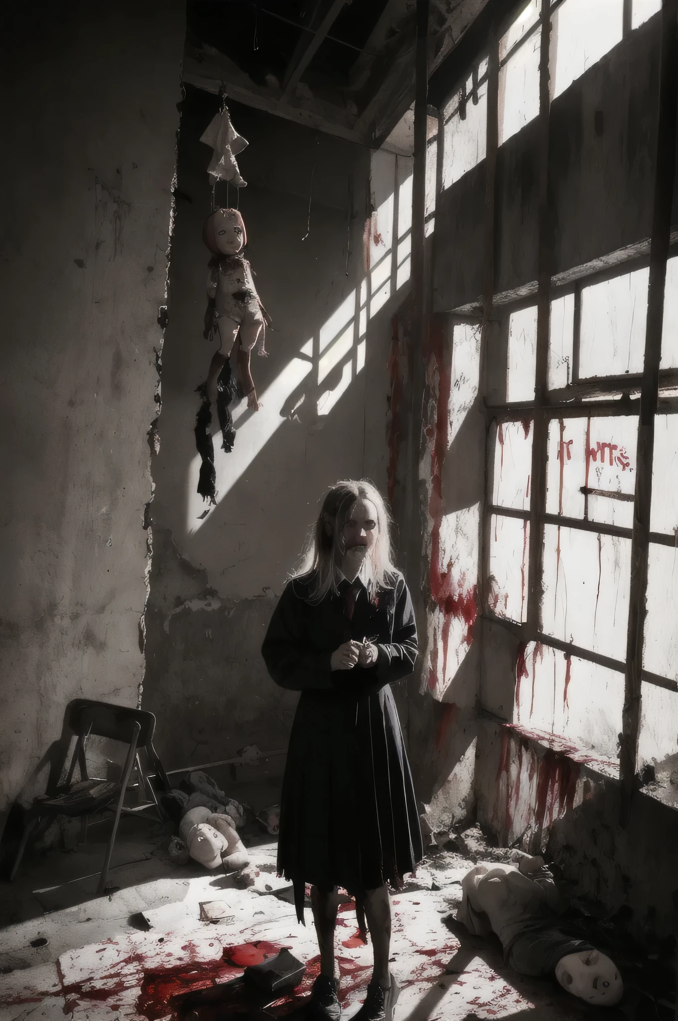 Young girl trapped at school with cursed doll. Leaves&#39;a knife in the hand. ella (Fear and Despair:1.1) ella tenta (to escape:1.2) Of dolls,The doll is (Scary and distorted:1.1) Your best friend&#39;version,Died in a traffic accident.,
The school break is (dark and bloody:1.1),And some dead bodies,trap,Message written on the wall. The scene was (Scary and horrible:1.1),
dark backlight,Cinema lighting,dark atmospher,ella美しい、
