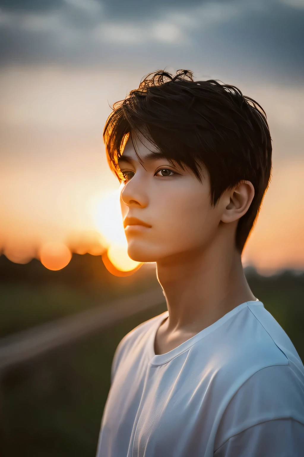 Highest quality, masterpiece, Ultra-high resolution, (Realistic: 1.4), Original photo, wallpaper, Head Photo, skin, Simple Background, Iris, detailed, Selfie, 1 boy, 18-year-old, good looking, Wind,Sunset