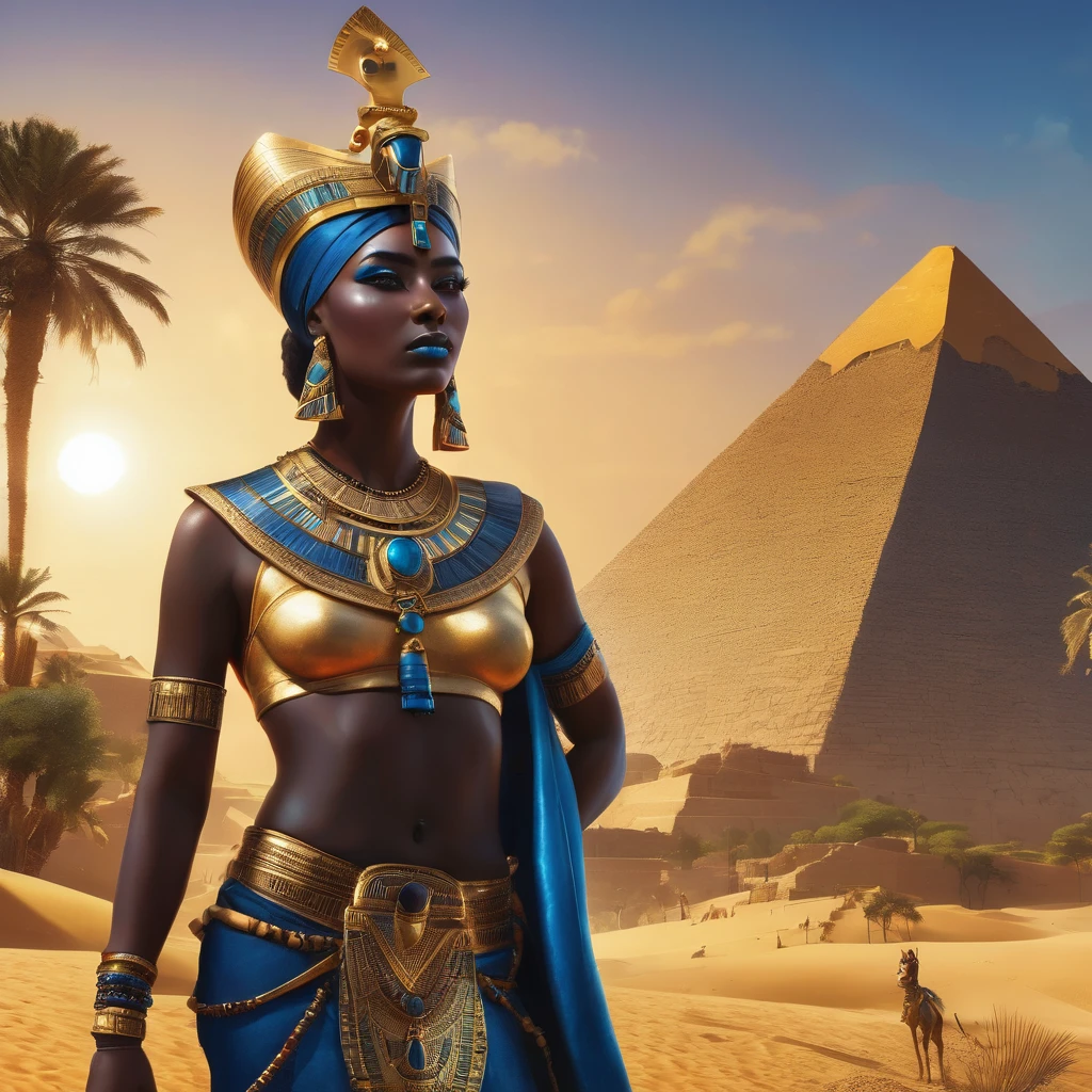Queen of Ancient Egypt, woman with black skin, lots of jewelry, with a blue crown, in the background pyramids make up the landscape of ancient Egypt, the sun illuminating and giving life, surreal 8K, perfect art, super detailed, best quality, art award-winning, official art, cinematic lighting
