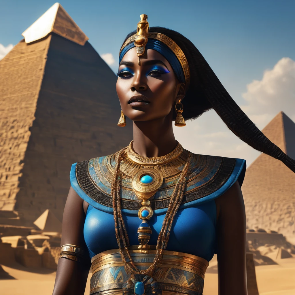 Queen of Ancient Egypt, woman with black skin, lots of jewelry, with a blue crown, in the background pyramids make up the landscape of ancient Egypt, the sun illuminating and giving life, surreal 8K, perfect art, super detailed, best quality, art award-winning, official art, cinematic lighting