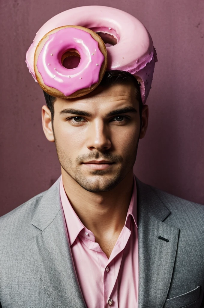 Pink donut serving as a man’s head on a suit