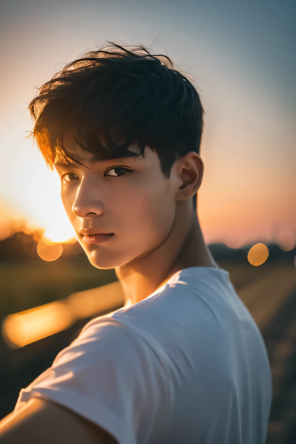 Highest quality, masterpiece, Ultra-high resolution, (Realistic: 1.4), Original photo, wallpaper, Head Photo, skin, Simple Background, Iris, detailed, Selfie, 1 boy, 18-year-old, good looking, Wind,Sunset