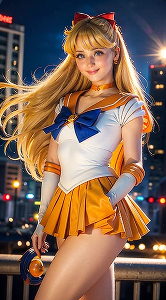 masterpiece, Highest quality, High resolution, Venus 1, One girl, alone, Sailor Warrior Uniform, Sailor Venus, aino minako, Blonde, Magical girl, blue eyes, Orange Skirt, Elbow hand pockets, tiara, Pleated skirt, Hair Ribbon, Orange sailor collar, mini skirt, choker, Red Bow, orange choker, White gloves, Very long hair,  jewelry,  Earrings, Cowboy Shot, smile,,More detailed 8K.Unreal Engine:1.4,超High resolution,La Highest quality:1.4, Realistic:1.4, Skin Texture:1.4, masterpiece:1.8,first work, Highest quality,Object Object], (Detailed facial features:1.3),(Fine hand:1.4),(Apocalyptic destroyed cityscape:1.4), (Sailor Venus:1.4)