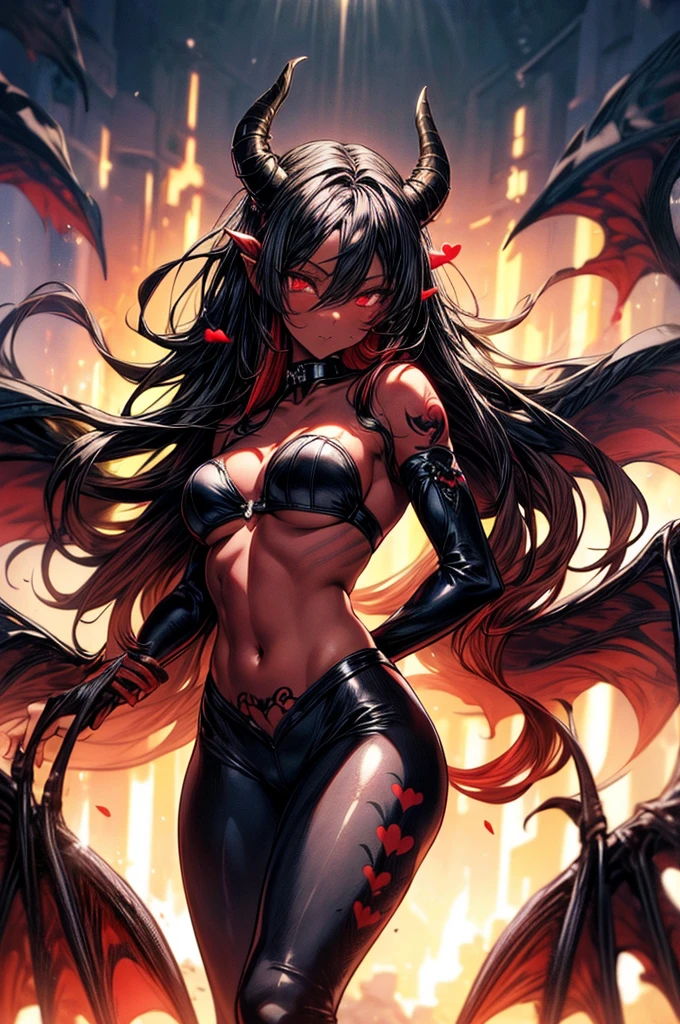 masterpiece, super detailed, high resolution, precision art, highly seductive anime girl. sexy and alluring, flawless dark red demonic skin, succubus, symmetrical face, beautiful olive eyes, flowing black hair, her very presence oozes seduction and allure, S-shaped body, black onyx colored horns jutting out her forehead, heart shaped tail protruding from her back, sexy and arousing slender and thin yet chiseled with enticing breasts, intricate and beautiful heart shaped tattoo engraved on her stomach, wearing spaghetti strap crop-top and form-fitting leggings that accentuate her round ass, hip-level shot