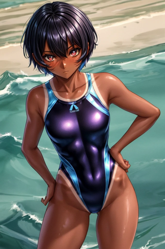 best quality, high quality, ultra quality, Absurd:1.5, BREAK 1人の女の子, 18_ years_ old, tomboy, BREAK (muscle:0.5), (Black Hair, Pixie Cut Tan, Sunburn lines, Dark skinned women, Dark Skin:1.3), (gigantic 胸:1.5, beautiful detailed eyes), shiny hair, shiny skin, oily skin, super detailed skin, perfect hands, BREAK ((competition swimsuit)), (pleased:1.2), (1girl standing, cowboy shot:1.3), (contrasted, One hand on hip:1.5), outside, beach, evening, (ass pov), (from above, high angle, looking ahead:1.5),