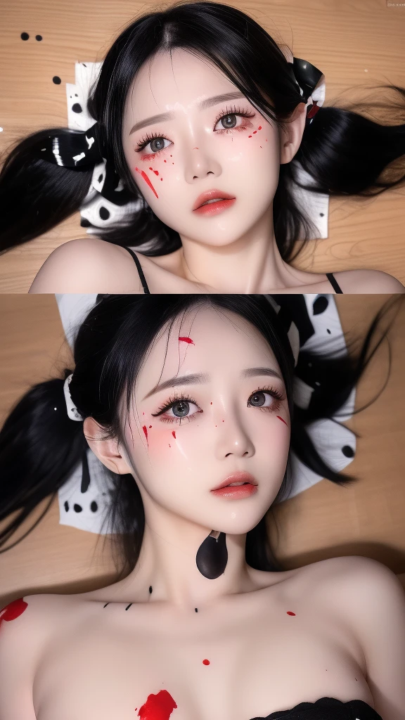 (Masterpiece:1.2, best quality), (Beautiful eyes with exquisite details: 1.2), (Detailed background,dark fantasy), (Beautifully detailed face), high contrast, (Best illumination, Delicate and extremely beautiful), ((Cinema-grade lighting)), colorful, hyper detail, incredible light, complicated details, (1 woman, alone,black hair, Sharp face,Low Twintails,conjunctivitis, hair between the eyes,Dynamic angle), (blood splatter:1.4), Black light swirled around the character., depth of field,black light particles,(broken glass),magic circle,
