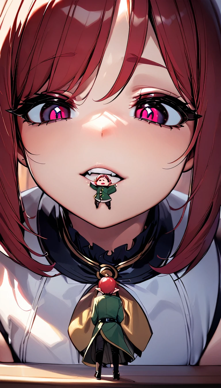 A very tiny guy with dark hair standing on top of a bar counter with a few glasses visible behind him. In front of him is the face of a red-headed elf lady, much bigger than him. Her chin touches the same bar counter he stands on. POV is sideways, showing the side of the elf's face and the tiny guy's body. The tiny guy, who is not an elf, looks at her scared, while she looks at him with mischief in her eyes and a wide, terrifying smile on her lips. Only the tiny guy's body and the elf's face are visible. Detailed expressions, depth of field, work of art, best quality, absurdly detailed.