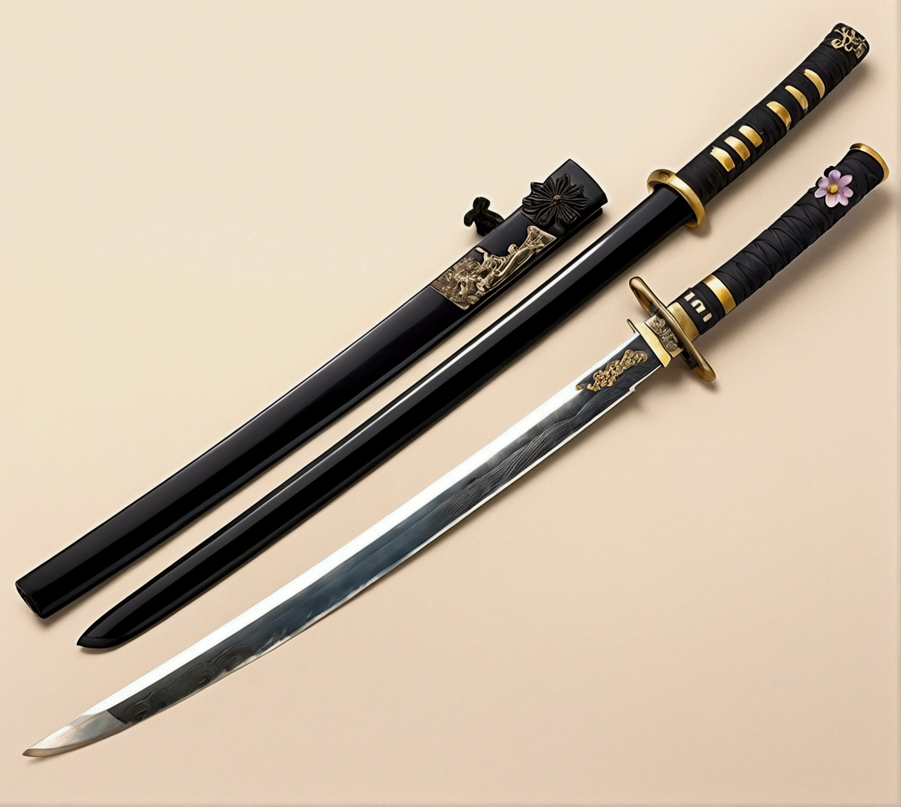Black katana, with the Sacuanjoche flower-shaped Tsuba and the purple hilt 