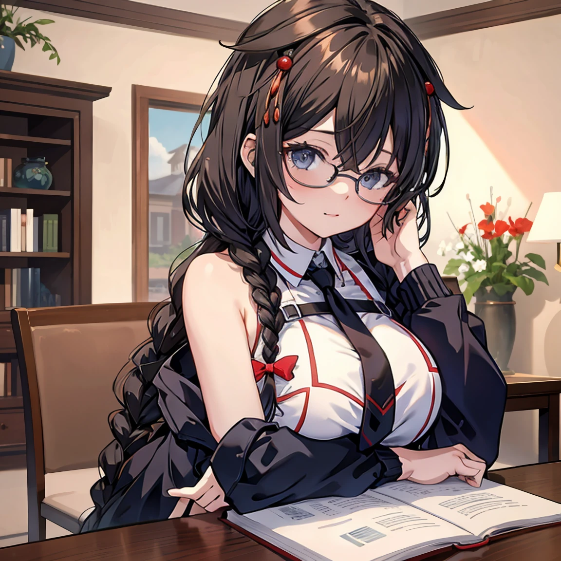 Shigure Kai 3 KanColle Sleeveless High School Girl　blazer　Glasses　 Braids 8K High Resolution Very detailed eyes Very detailed face、Big Breasts、Very fine skin, Very elaborate hair ornament, Precisely shaped body and hands 1 person Living room in a private house Bewitching expression Big bust