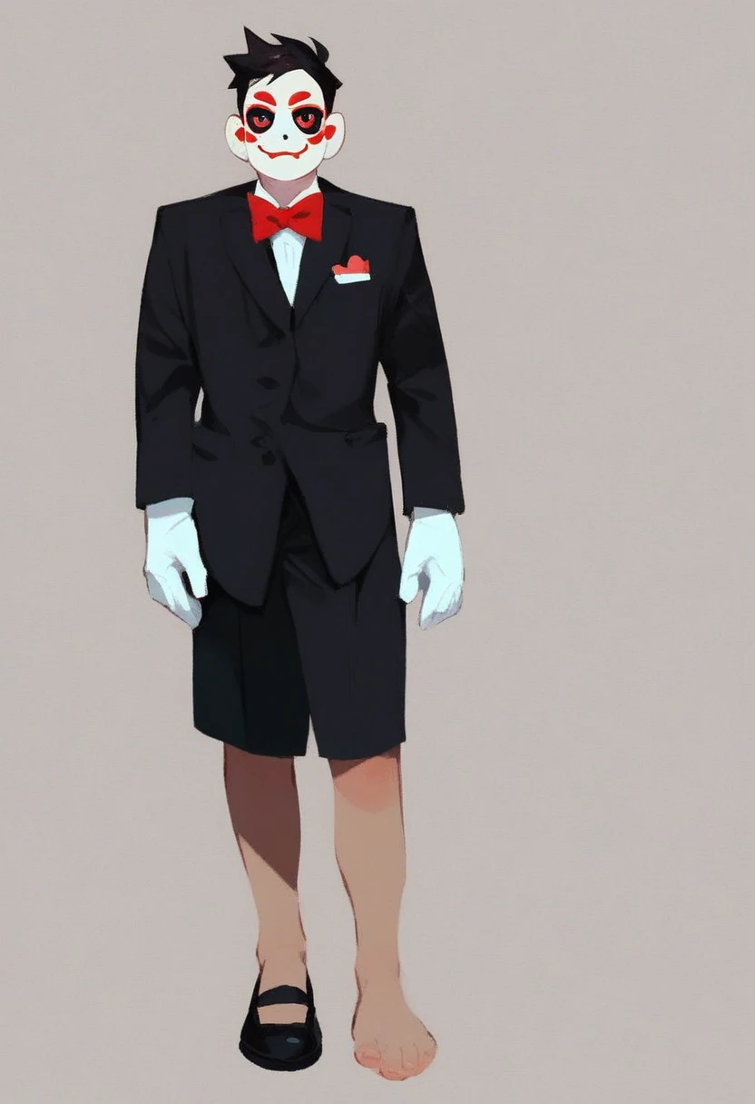 billy, 1boy, solo, full body, white face paint, red cheeks, black tuxedo with a white shirt and gloves, red bow tie, red handkerchief in the breast pocket, red Mary Janes, red eyes, black sclera, red lips, long black hair, small, short, white gloves