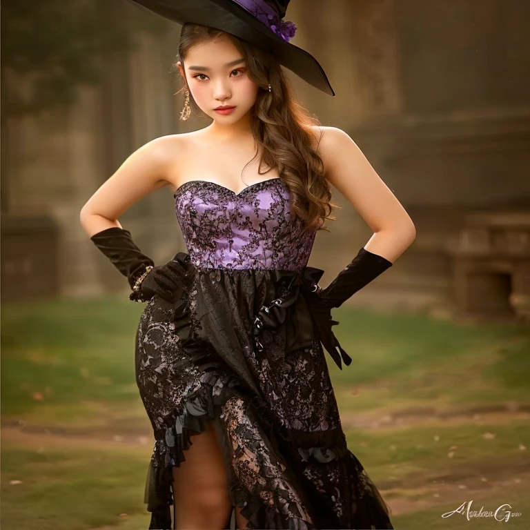 Tween girl in a black dress and hat posing for a picture, wearing black old dress and hat, wearing purple strapless dress, in lace brown dress, wearing an elegant dress, in detailed steampunk dress, wearing a gothic dress, korean women's fashion model, mysterious glamour, black and violet costume, wearing black dress and hat, an elegant gothic princess, romantic dress