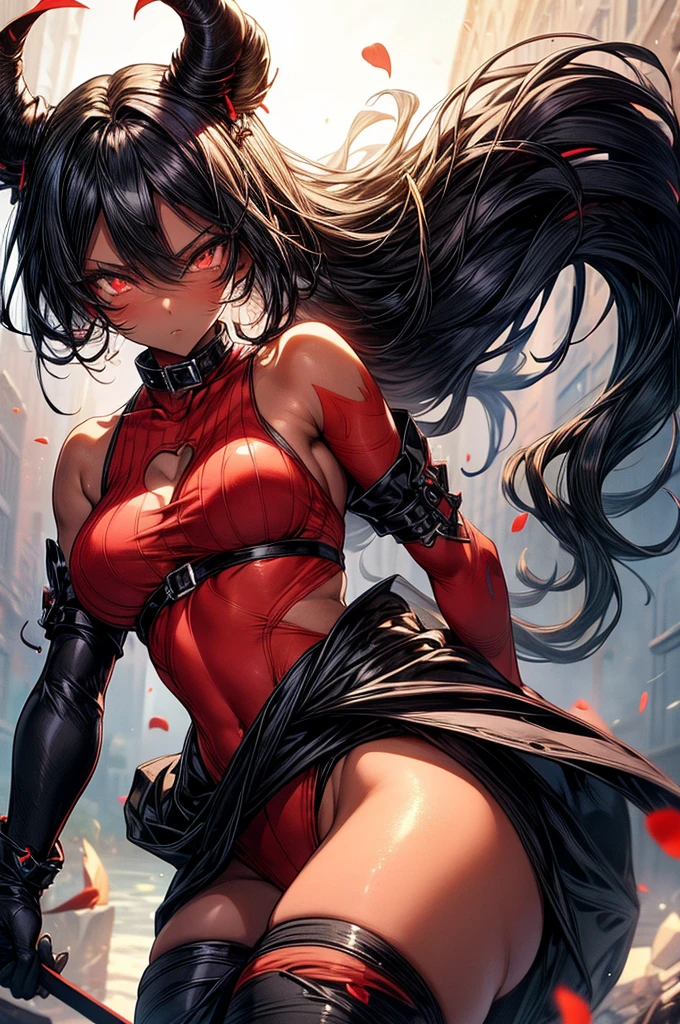 masterpiece, super detailed, high resolution, precision art, highly seductive anime girl. sexy and alluring, flawless dark red demonic skin, succubus, symmetrical face, beautiful olive eyes, flowing black hair, her very presence oozes seduction and allure, S-shaped body, black onyx colored horns jutting out her forehead, heart shaped tail protruding from her back, sexy and arousing slender and thin yet chiseled with enticing breasts, intricate and beautiful heart shaped tattoo engraved on her stomach, wearing spaghetti strap crop-top and form-fitting leggings that accentuate her round ass, hip-level shot