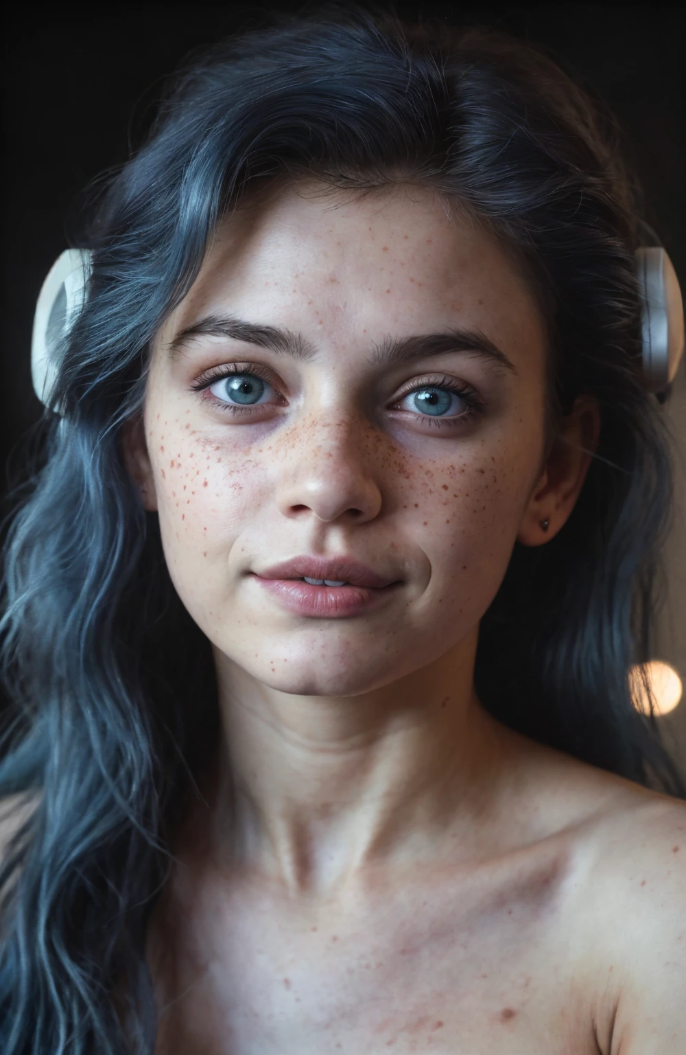 (Close-up, editorial photograph of a 21 year old woman), (highly detailed face:1.4) (smile:0.7) (background inside dark, moody, private study:1.3) POV, by lee jeffries, nikon d850, film stock photograph ,4 kodak portra 400 ,camera f1.6 lens ,rich colors, hyper realistic ,lifelike texture, dramatic lighting , cinestill 800, wavy hair, messy hair, curls, 80s hairstyle, Mischievous smirk, Blue hair, Blue Eyes, freckles, White Skin, Sci Fi, Spaceship, Cyberpunk, Futurism, Military Uniform, Technocratic Union, Astral Plane, European expressions, European woman, European skin