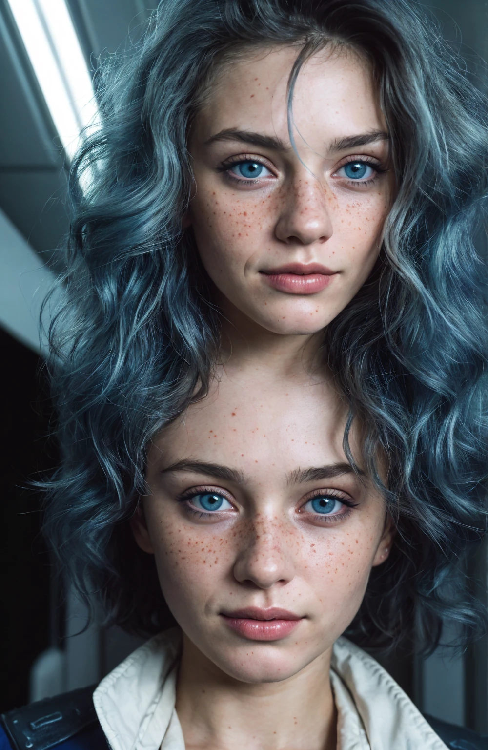 (Close-up, editorial photograph of a 21 year old woman), (highly detailed face:1.4) (smile:0.7) (background inside dark, moody, private study:1.3) POV, by lee jeffries, nikon d850, film stock photograph ,4 kodak portra 400 ,camera f1.6 lens ,rich colors, hyper realistic ,lifelike texture, dramatic lighting , cinestill 800, wavy hair, messy hair, curls, 80s hairstyle, Mischievous smirk, Blue hair, Blue Eyes, freckles, White Skin, Sci Fi, Spaceship, Cyberpunk, Futurism, Military Uniform, Technocratic Union, Astral Plane, European expressions, European woman, European skin