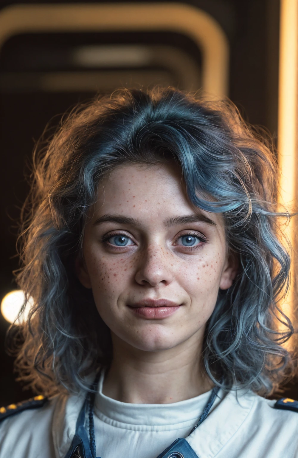 (Close-up, editorial photograph of a 21 year old woman), (highly detailed face:1.4) (smile:0.7) (background inside dark, moody, private study:1.3) POV, by lee jeffries, nikon d850, film stock photograph ,4 kodak portra 400 ,camera f1.6 lens ,rich colors, hyper realistic ,lifelike texture, dramatic lighting , cinestill 800, wavy hair, messy hair, curls, 80s hairstyle, Mischievous smirk, Blue hair, Blue Eyes, freckles, White Skin, Sci Fi, Spaceship, Cyberpunk, Futurism, Military Uniform, Technocratic Union, Astral Plane, European expressions, European woman, European skin