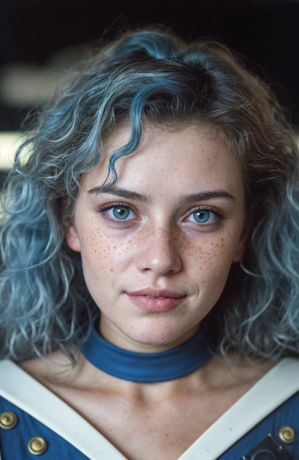 (Close-up, editorial photograph of a 21 year old woman), (highly detailed face:1.4) (smile:0.7) (background inside dark, moody, private study:1.3) POV, by lee jeffries, nikon d850, film stock photograph ,4 kodak portra 400 ,camera f1.6 lens ,rich colors, hyper realistic ,lifelike texture, dramatic lighting , cinestill 800, wavy hair, messy hair, curls, 80s hairstyle, Mischievous smirk, Blue hair, Blue Eyes, freckles, White Skin, Sci Fi, Spaceship, Cyberpunk, Futurism, Military Uniform, Technocratic Union, Astral Plane, European expressions, European woman, European skin