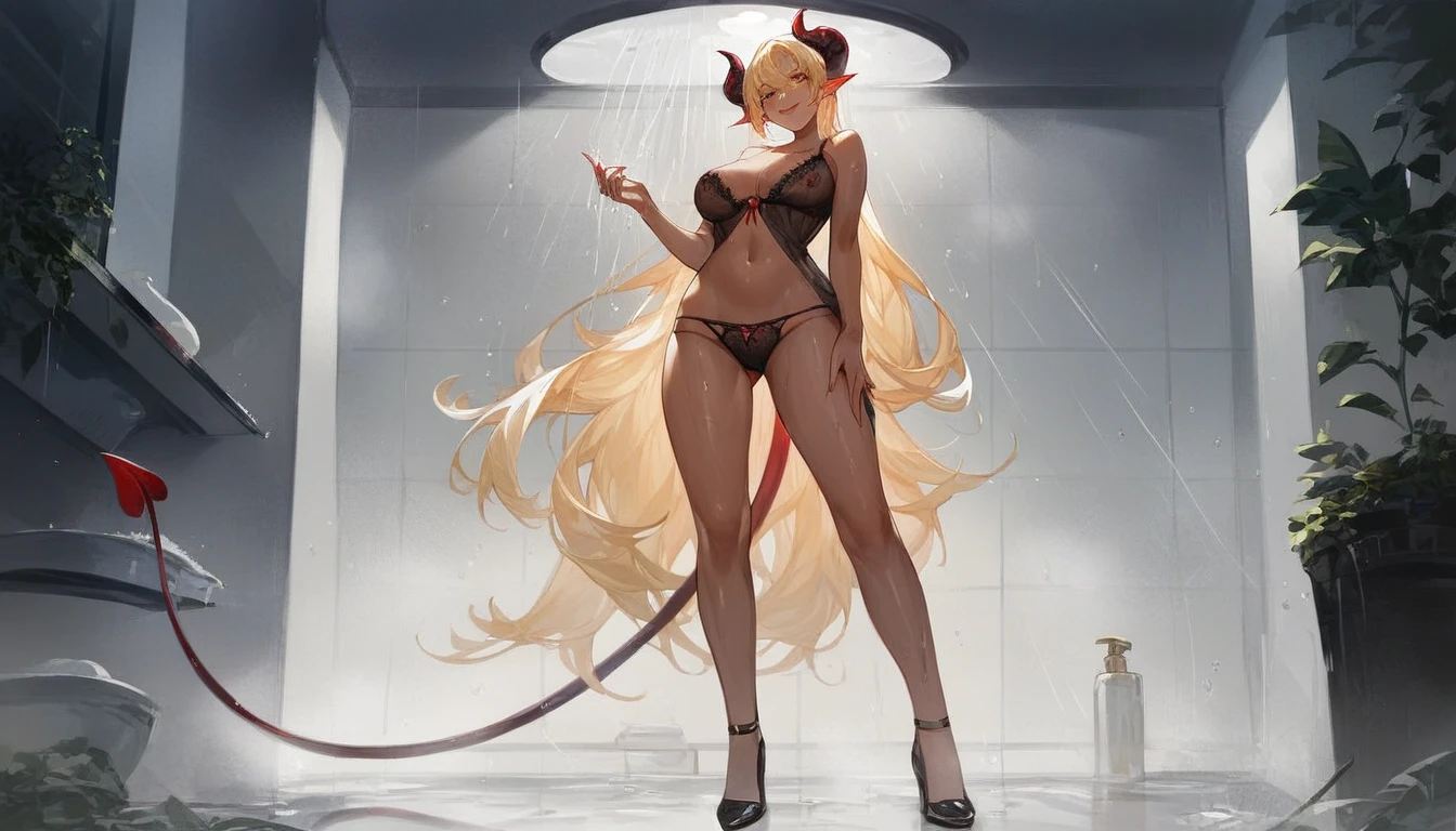 score_9_up, score_8_up, score_7_up, score_6_up, score_5_up, score_4_up, 1 girl, solo, full body, extreme detail, Masterpiece, Best Quality, beautiful, high-res image, rating_explicit, evil smile, demon horns, demon tail, succubus, golden eyes, golden hair, dark skin, Expression , wearing black lace nightgown and pantinding in the bathroom taking a shower, sexy thighs,anding , ancients room, (seductive:1.1), night, moonlight, perfect lighting, perfect hands, perfect fingers, perfect legs, extremely detailed 8k, very delicate and beautiful