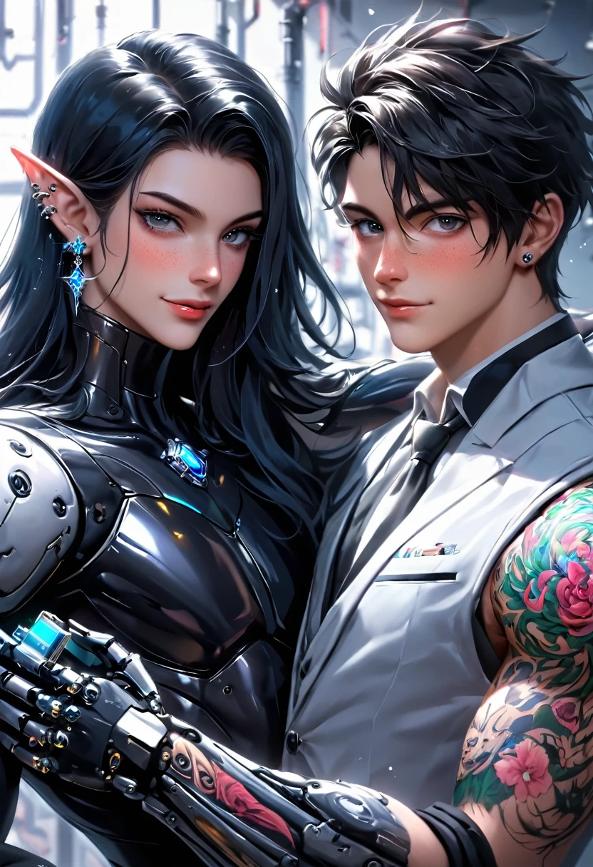 2 guys ethereal demonic 25 year old anime guy male druids, with metallic long hair, delicate masterpieceintimate delicate etched glowing neon tattoos, Fabulous full view painting of a winking beautiful and gorgeous elf ((male)) almostkissing, perfect face, blue/black pastel eyes, long white/black wisp hair, freckles, piercings and tattoo foil print neonbody art, laboratory experiment, perfect anatomy, centered, almost perfect, dynamic, very detailed, glowing, artstation, concept art, soft and sharp focus, art by Carne Griffiths and Wadim Kashin, airbrush graffiti techniques, high-definition accent lighting, epic, elven atmosphere, contrasted with vibrant paint colors., futuristic cyborg in the year 2950,