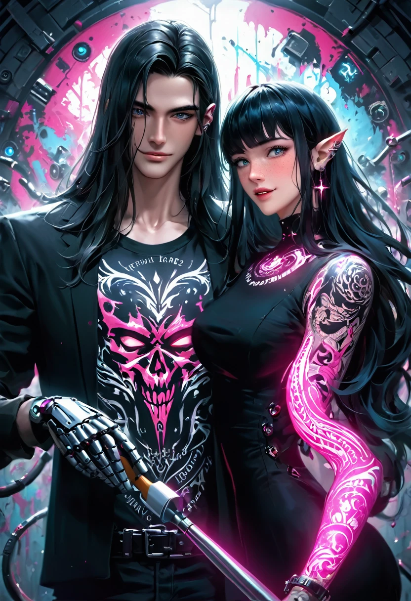 2 guys ethereal demonic 25 year old anime guy male druids, with metallic long hair, delicate masterpieceintimate delicate etched glowing neon tattoos, Fabulous full view painting of a winking beautiful and gorgeous elf ((male)) almostkissing, perfect face, blue/black pastel eyes, long white/black wisp hair, freckles, piercings and tattoo foil print neonbody art, laboratory experiment, perfect anatomy, centered, almost perfect, dynamic, very detailed, glowing, artstation, concept art, soft and sharp focus, art by Carne Griffiths and Wadim Kashin, airbrush graffiti techniques, high-definition accent lighting, epic, elven atmosphere, contrasted with vibrant paint colors., futuristic cyborg in the year 2950,