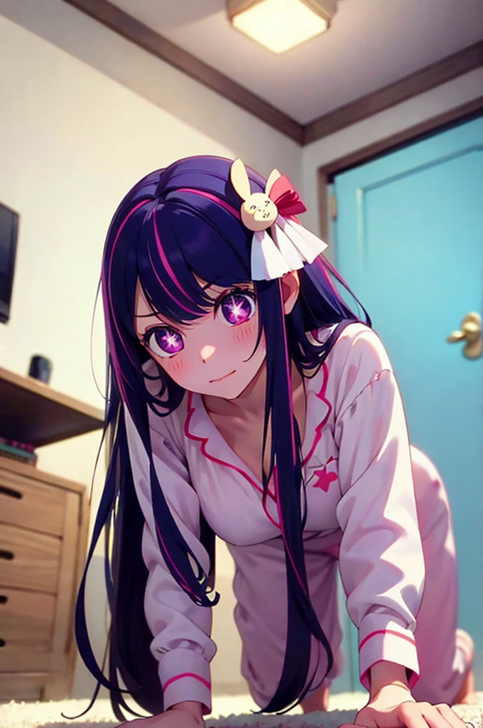 eropose, all fours , masterpiece, Hoshino Ai, long hair, purple hair, streaked hair ,purple eyes, star-shaped pupils, hair ornament, pajama, sexy, shy face  , from below 