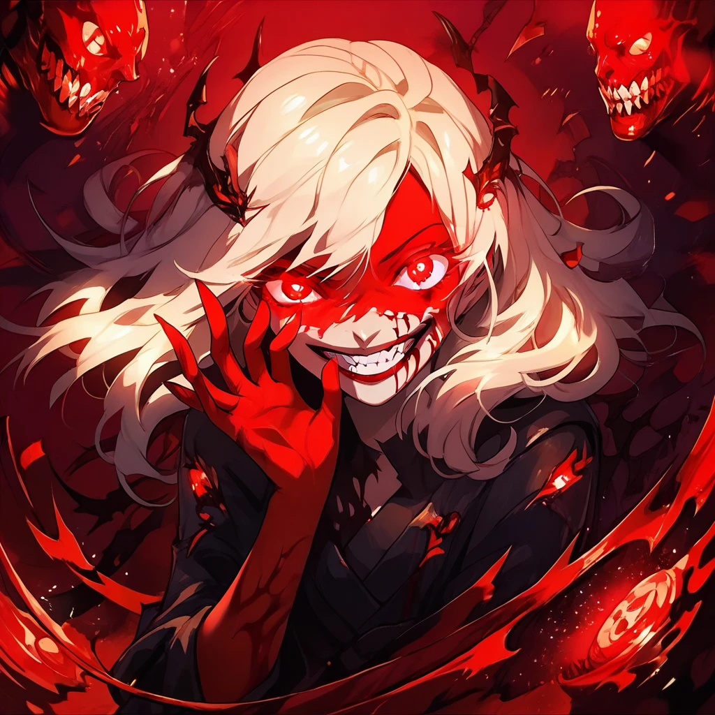 score_9, score_8_up, score_7_up, score_6_up,Madness,score_9,Madness,score_9,1girl,solo,long blonde hair,looking at viewer,smile,red eyes,white hair,teeth,grin,blood,glowing,glowing eyes,full body, dinamic pose