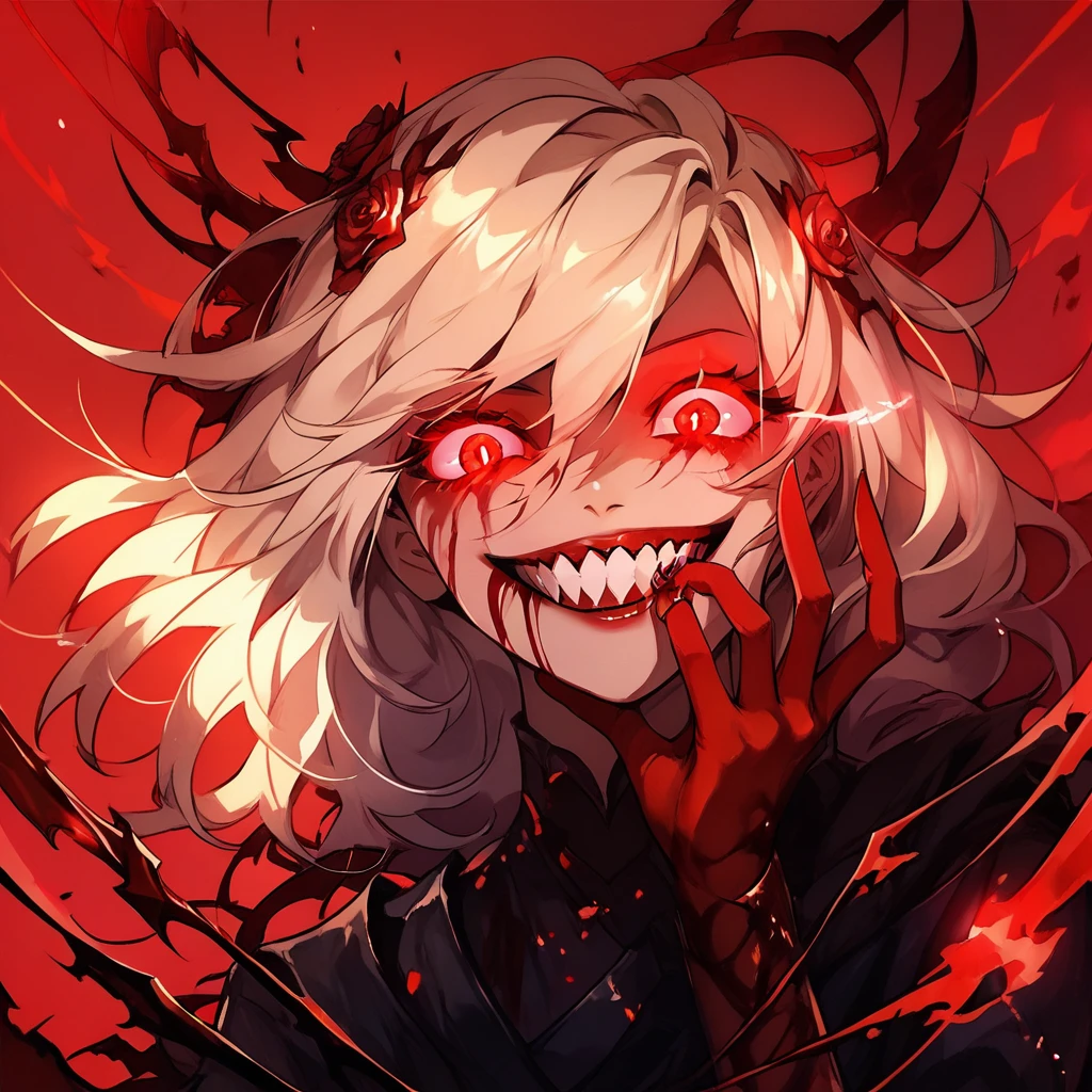 score_9, score_8_up, score_7_up, score_6_up,Madness,score_9,Madness,score_9,1girl,solo,long blonde hair,looking at viewer,smile,red eyes,white hair,teeth,grin,blood,glowing,glowing eyes,full body, dinamic pose
