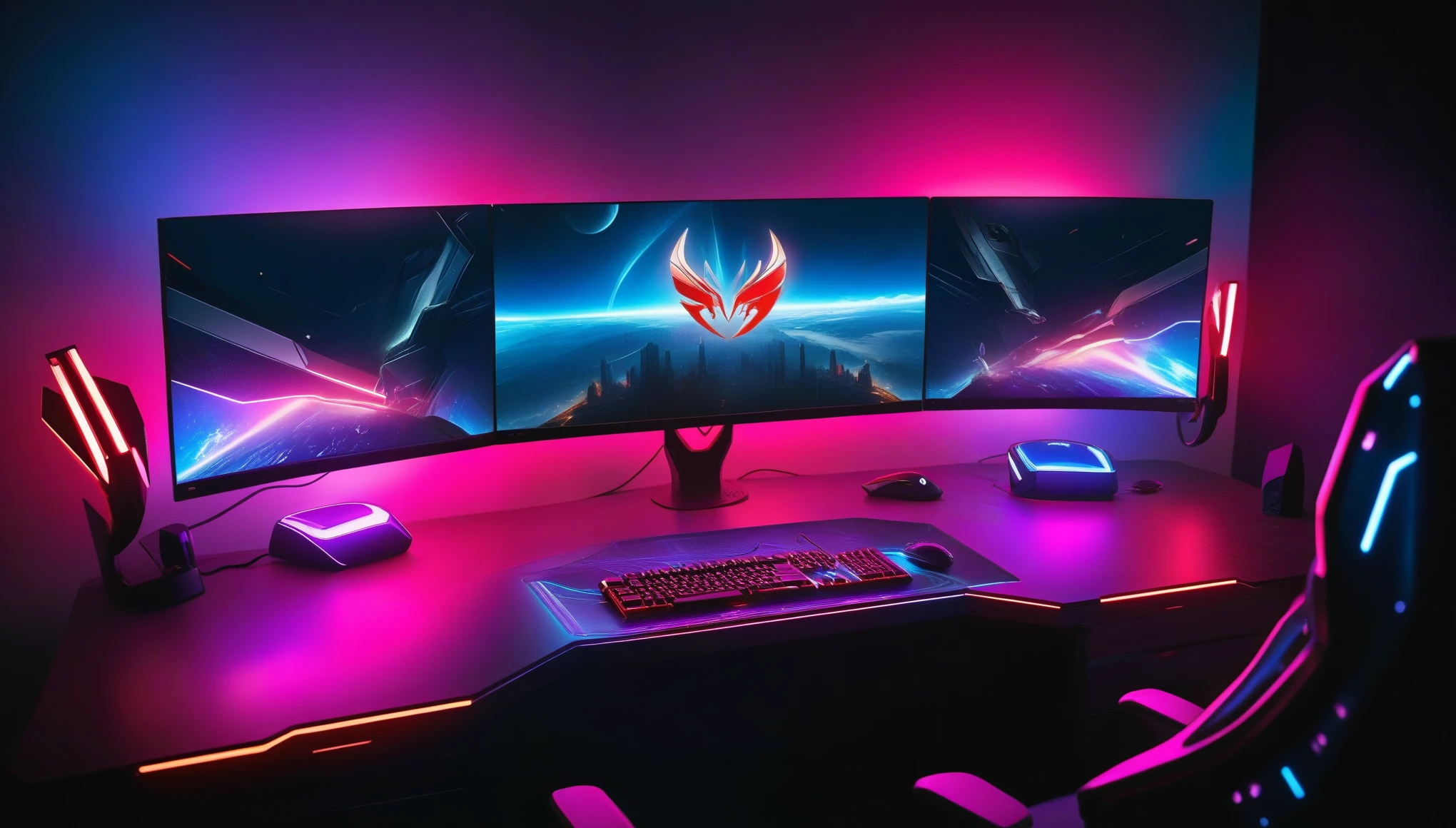 masterpiece, award winning, best quality, highres, 4K, hd, accurate, super detail, high details, bokeh, ultrawide landscape, ultrawide establishing shot, perspective of 3monitors, 42" gaming monitors vibrant backlit floating monitors in line perfect curved formation on black metallic gaming desk with rgb ligthing around whole edge, ROG gaming keyboard, ROG gaming mouse, vibrant backlit, ROG gaming monitors. led gaming, , red ROG logo computer screen, monitor, ultrawide shot, dynamic backlighting, ultra wide horizon, rgb lighting, black marble wall background, dark room lighting, rgb lighting skulls on wall, ((ROG-Republic of Gamers))