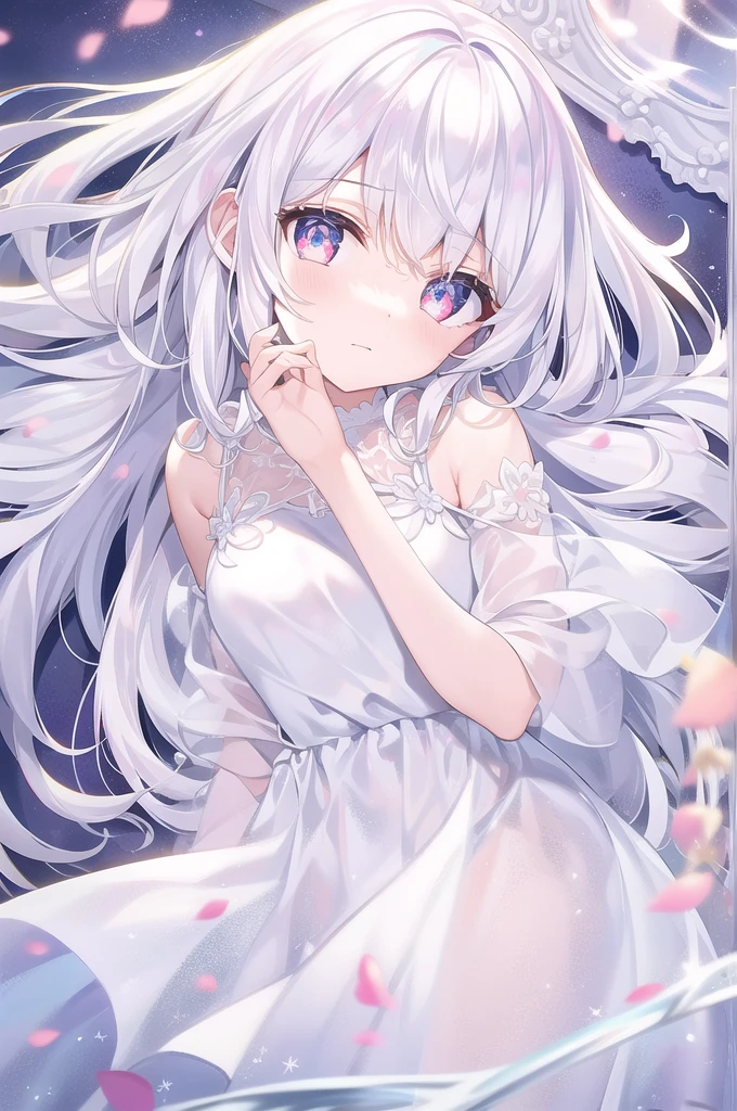 ((masterpiece, best quality))++, Detailed lighting+, Detailed hair+, Detail hand+ ,1 girl, Miss, Long hair, Crimson eyes, beautiful eyes, young white hair,,(Beautiful white hair:1.5),(Beautiful and delicate eyes), high resolution+,glass tint, Reflective eyes, {{angle}} , Very detailed wallpaper, The original, Air bangs,Extremely beautiful CG,black worksuit,Firefly,Galaxy,Shattered like a mirror