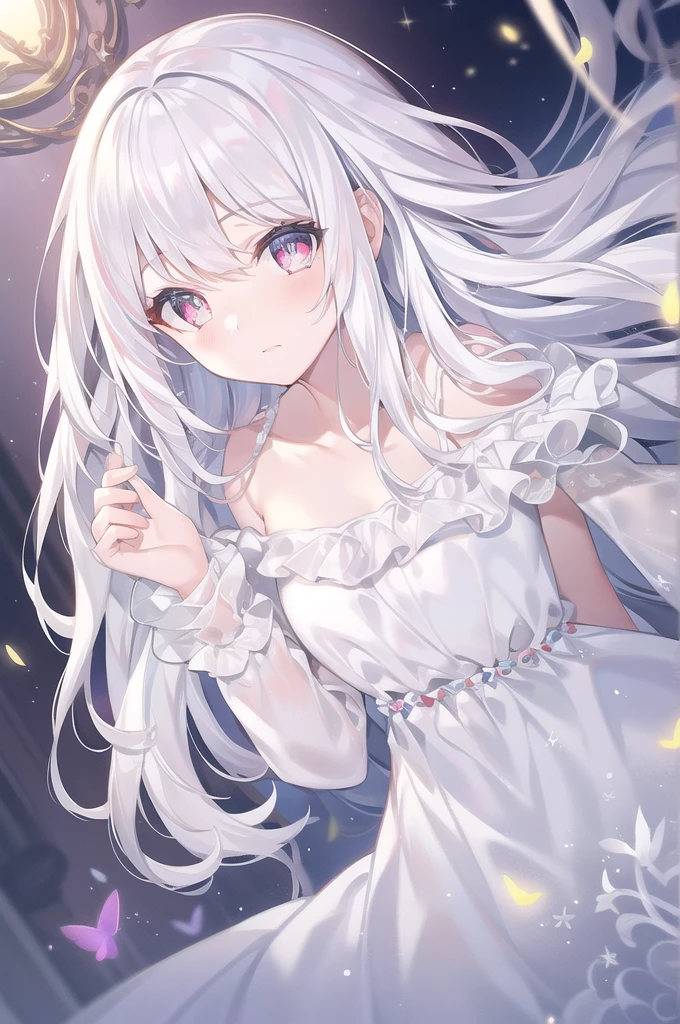 ((masterpiece, best quality))++, Detailed lighting+,  Detailed hair+, Detail hand+ ,1 girl, Miss, Long hair,   Crimson eyes,  beautiful eyes, young white hair,,(Beautiful white hair:1.5),(Beautiful and delicate eyes),  high resolution+,glass tint, Reflective eyes,   {{angle}} , Very detailed wallpaper, The original, Air bangs，Extremely beautiful CG，black worksuit，Firefly，Galaxy，Shattered like a mirror