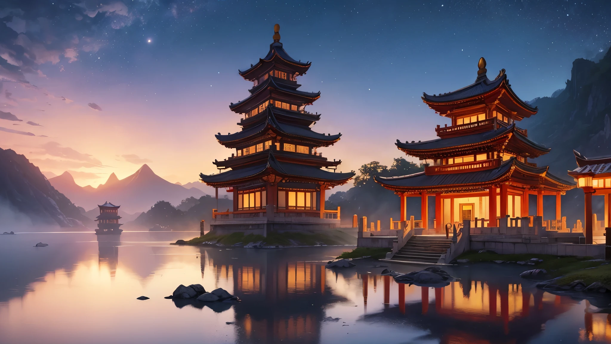 Fantastic anime style landscape of an ancient Chinese city in the mountains. Huge palaces and temples with curved roofs and golden details stand on steep cliffs. The night sky is a deep purple and blue, illuminated by golden lights and floating lanterns. Waterfalls and fog surround the structures, creating a mystical atmosphere. Spotlight, a traditional temple with a red roof and golden details. Detailed and vibrant animation style, reminiscent of the Studio Ghibli films, especially 'Spirited Away'. Dramatic use of lighting, with strong contrasts between purple shadows and warm golden lights. Meticulous attention to architectural details and natural elements. The general atmosphere is magical and ethereal, mixing the traditional with the fantastic. Composition that guides the eye from the foreground to the city in the heights