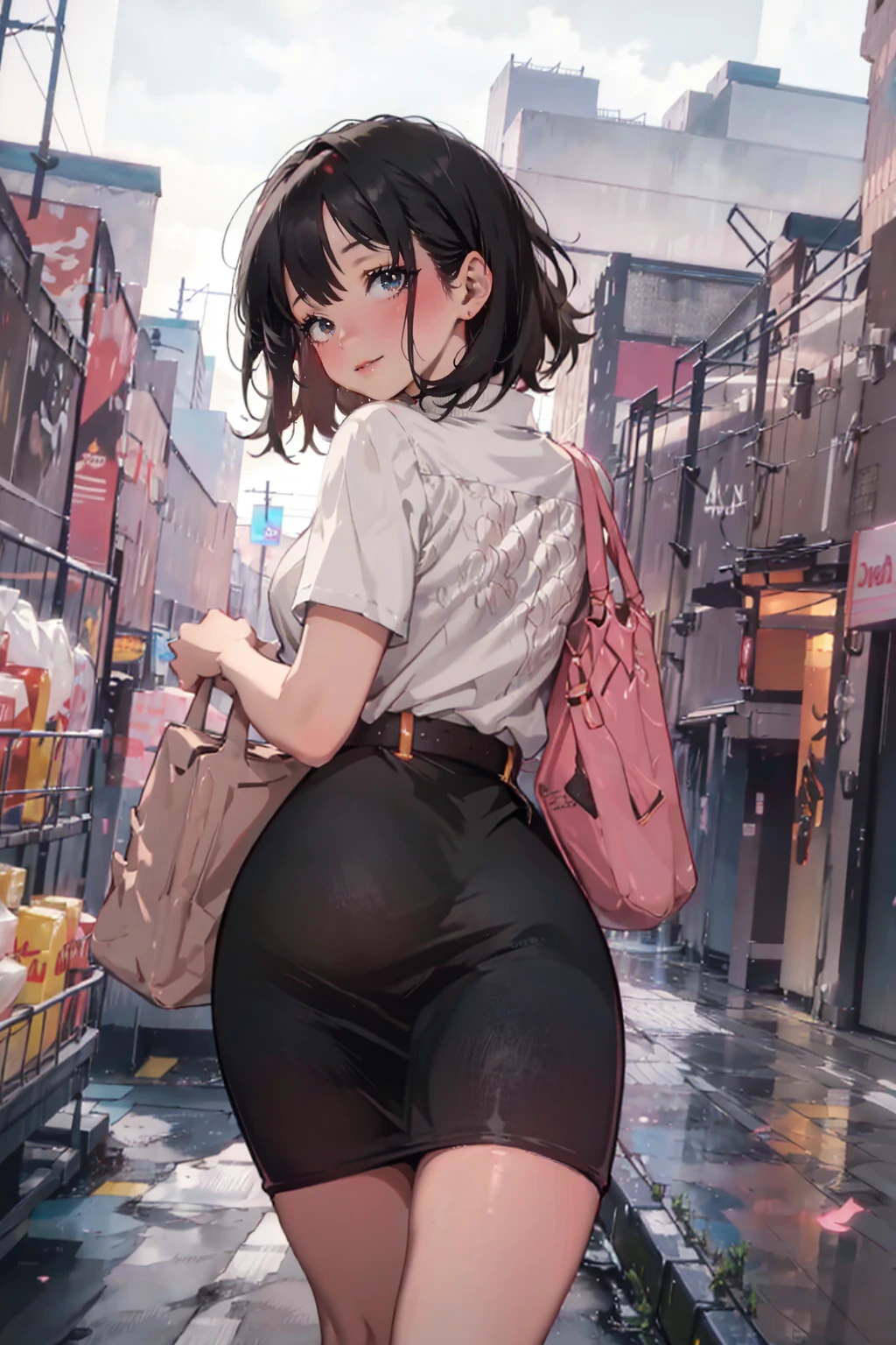 1lady,solo,cute,looking back from behind,casual shirt pencil skirt pantyhose,Belted Skirt,black hair,blush kind smile