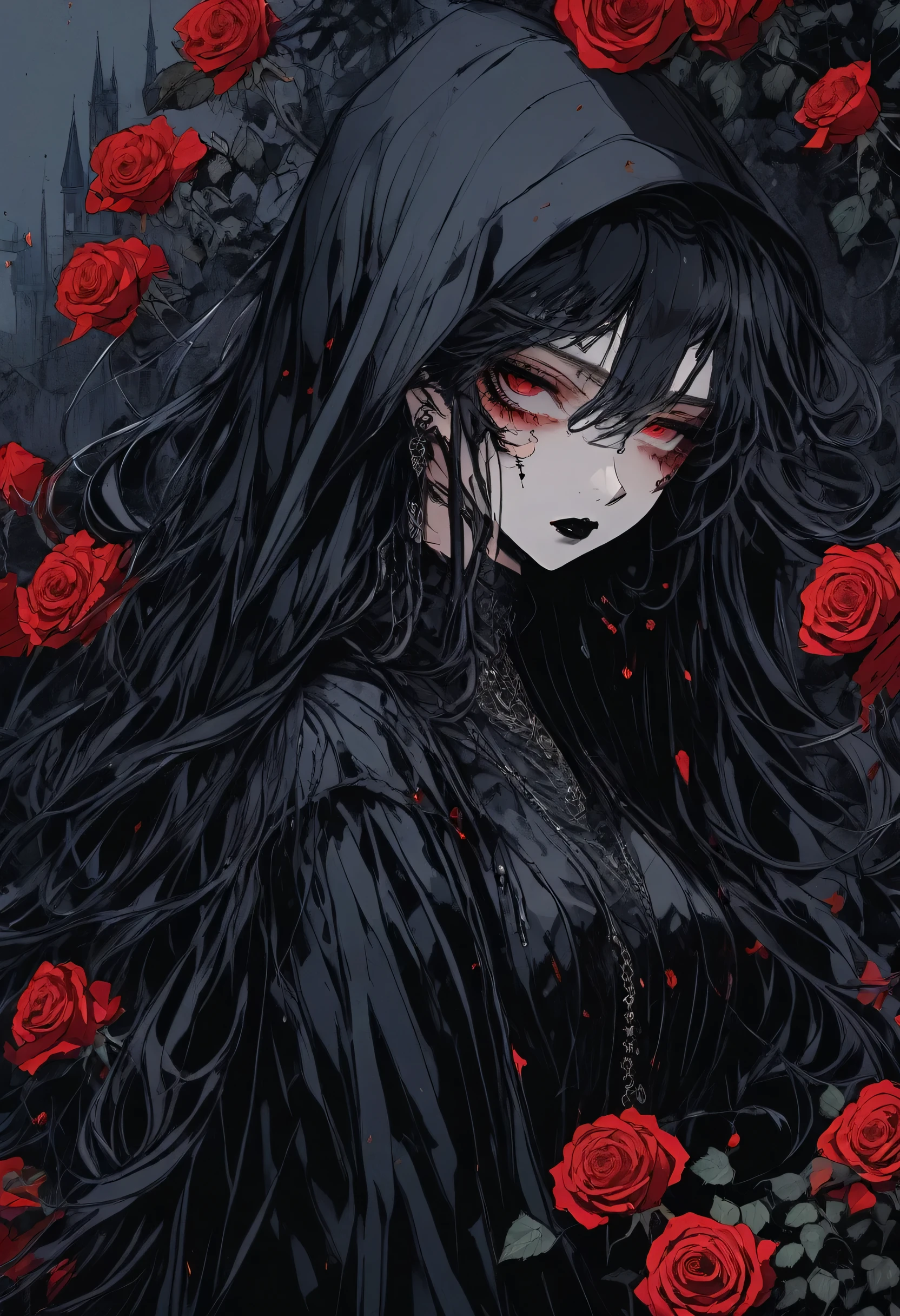 (Highest quality,4K,8K,High resolution,masterpiece:1.2),Super detailed,(Realistic,photoRealistic,photo-Realistic:1.37),Dark and mysterious,Detailed black clothing,Gothic Makeup,Black lipstick,Pale skin,Smokey Eye,Long black hair,Sharp Fangs,Red eyes,Vampire-like appearance,Expressive and sharp gaze,Earrings and ear piercings,Standing in a moonlit garden surrounded by roses,Spooky and eerie atmosphere,Cast long shadows,The faint moonlight illuminates her face,Creates a dramatic and striking effect.Hair fluttering in the wind